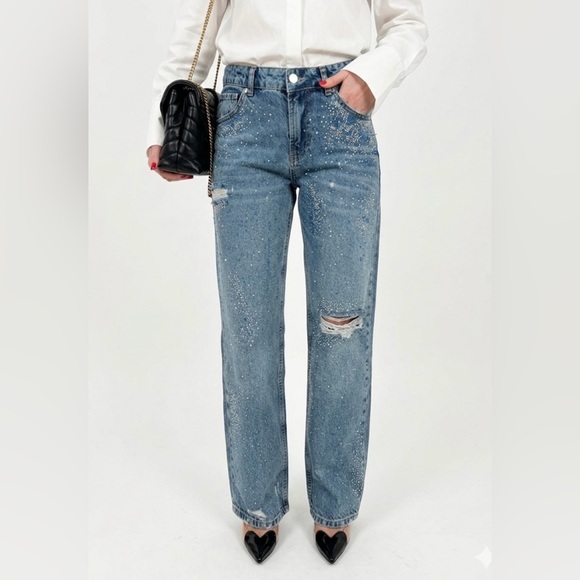 Zara Pants - ZARA TRF ripped wide leg rhinestone Jeans Light Wash Distressed - Size US 14